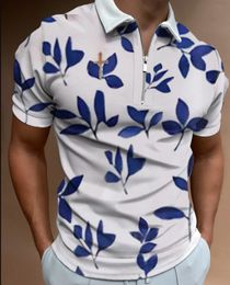 DIY Clothing Customised Tees & Polos Blue leaf printing Fashion printed short sleeved men's flip tie, zippered polo suit, casual T-shirt