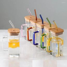 Wine Glasses 2/1Pcs 400ml Square Glass Cup Coffee Mug With Lid And Straw Breakfast Milk Microwave Safe Beer Juice Drinkware