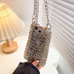 Shoulder Bags New Metal Sequin Bag for Women Handwoven Fashion Mobile Phone Small One-shoulder Red