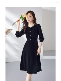 Casual Dresses Vimly French Black Velet Dress For Women 2023 Autumn Winter Patchwork Round Neck Long Sleeve A-line Female Elegant M2590