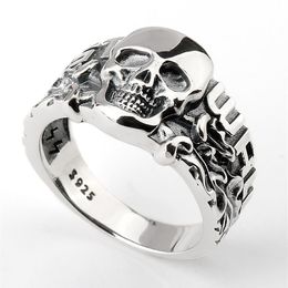 Real 925 Sterling Silver Skull Ring Skeleton European Punk Cool Street Style for Men Fashion Jewelry271c