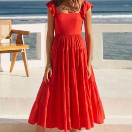 Casual Dresses Fashion Zipper Ruffle Sleeve Summer Dress Elastic High Waist Pleated Solid Color Vacation Party Beach 26235