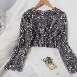 Women's Sweaters Sequin Fashion Sexy Glitter Shinny T-Shirt Vest Crop Tee Solid Color Long Sleeve Pullover Tops Casual Sweater Y2k 230927