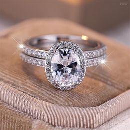 Wedding Rings Luxury Crystal Oval Stone Ring Set White Zircon Egg Shape Engagement For Women Classic Silver Colour Bridal Jewellery