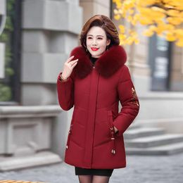 Women's Trench Coats Women 2023 Winter Fashion Mother Thick Padded Jackets Female Middle-aged Warm Parkas Ladies Big Fur Collar Hooded U441