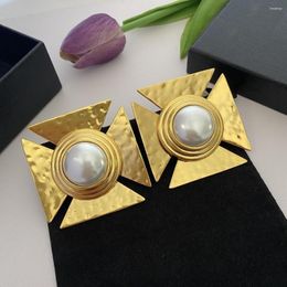 Backs Earrings Europe And The United States Personality Square Exaggerated Pearl Ear Clip Brass Gold Plated Light Luxury Star