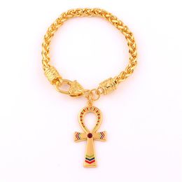 Vintage Egyptian Ankh Cross Symbol Of Life Pendant Bracelet Gold Colour Charm Crystal Enamel Ornament Wheat Link Chain210T