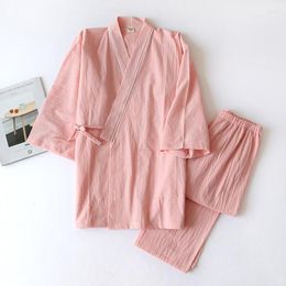 Women's Sleepwear Women Half Sleeve Kimono Robes With Long Trouser 2 Pcs Pajamas Suit For Homewear Spring And Autumn Cotton Pajama Set