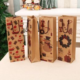 Envoltório de presente papel kraft saco de vinho tinto papai noel garrafa padrão de natal com alça embalagem de festa de natal