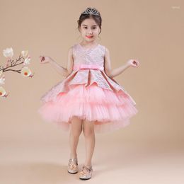 Girl Dresses Pink Sleeveless Print Satin Hi-Lo Flower Dress Toddler Formal Baptism Tulle Tutu Ball Gown For 2-12Years Old