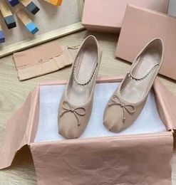 miui Casual High-quality Shoes Luxury Designer Women Fashion Genuine Leather Ballet Flats Crystal Butterfly-knot Leisure Shoes Elastic Band Slip on Runway