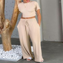 Women's Sleepwear 2023 Summer Basic Women 2 Piece Pyjamas Set Solid Colour Knitted Short Sleeve Tops And Elastic Pants Soft For Nightwear