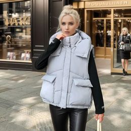 Womens Vests Winter Bodywarm Women White Warm Cotton Padded Puffer Vest Short Sleeveless Parkas Jacket Hooded Outerwear Waistoat 230927