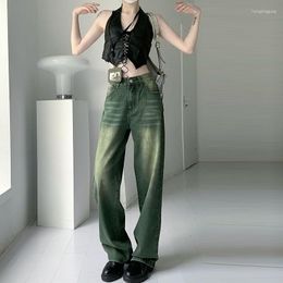 Women's Jeans Streetwear Vintage Green Gradient Women Spring Autumn High Waist Straight Baggy Wide Leg Pants Female