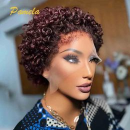 Synthetic Wigs Kinky Edges Natural Hairline Burgundy Coloured Wig Wear and Go Glueless Curly Bob 13x4 Transparent Lace Front Human Hair 230927
