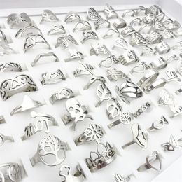 Whole 100pcs Lot Mens Womens Stainless Steel Band Rings Silver Laser Cut Patterns Hollow Carved Flowers Mix Styles Fashion Jew250J