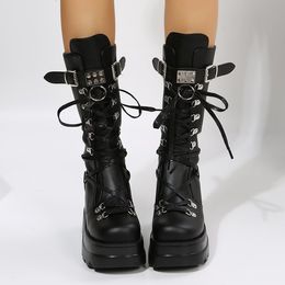 Boots Punk Style Handsome Medium Tube Large Size Womens Boots Slope Heel Thick Sole Heightening Knight Locomotive 35 43 230926