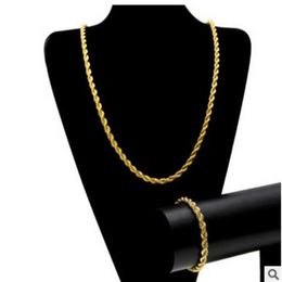 Men Hip Hop 6 5mm Hemp Chain HIPHOP ROPE CHAIN 14K Gold Silver Plated Bracelet Necklace Set271p