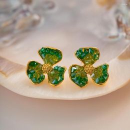 Stud Earrings Vintage Green Crystal Flower For Women Retro Shine 18K Gold Plated Copper Wedding Party Jewelry