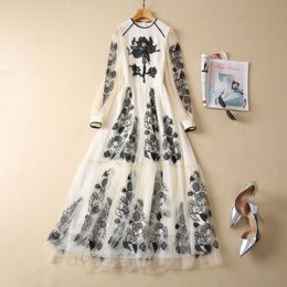 Apricot Contrast Colour Embroidery Tulle Dress Long Sleeve Round Neck Panelled Midi Casual Dresses S2D072323 Plus Size XXL