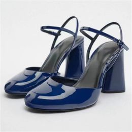 Slippers Sandals Women Blue Soft Patent Leather Designer Shoes for Women Chunky Round Toe High Heeled Back Hollow Sandals Handmade 230927