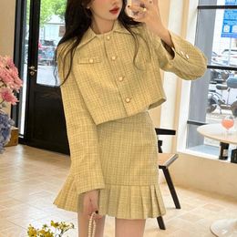 Work Dresses Ladies Skirts Sets Women Suit Autumn Light Green Plaid Turndown Collar Single-breasted Coat Pleated Skirt Two-piece Set