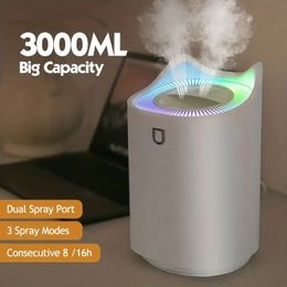 1pc, 3000ml Colourful Atmosphere Light Humidifier - Large Capacity Cool Mist, Dual Spray Port, USB Personal Desktop for Bedroom, Travel, Office, Home