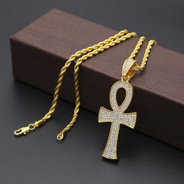 Egyptian Cross Pendant Full CZ Crystal Bling Out Gold Silver Plated Necklace Jewellery with 3mm 24inch Cuba Chain lbd304K