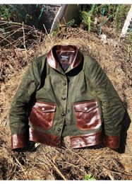 Men's Leather Faux Vintage style Classic casual leather jacketMen 18OZ heavy Oil wax canvas coatquality slim Spliced cloth 230927
