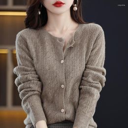 Women's Knits Pure Wool Knitted Hollow Cardigan Long Sleeve Loose Round Neck Versatile Bottomed Cashmere Top Coat In Autumn And Winter