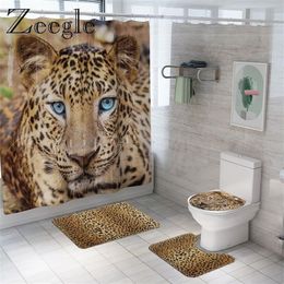 Animal Fur Leopard Shower Curtain Bath Mat Set Soft Bath Carpet for Bathroom Funny Cover Toilet Seat Waterproof Bathroom Curtain L309o