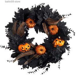 Decorative Flowers Wreaths Halloween Black Silk Maple Leaves Artificial Eucalyptus Fake Pumpkin Wreath for Home Fireplace Showcase Festival Decoration T230927