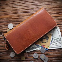 Wallets Genuine Leather Wallet For Men Male Vintage Handmade Mens Long Zipper Clutch Phone Purse With Card Holder Coin Pocket