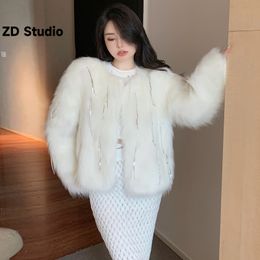 Womens Fur Faux ZD Studio Autumn Winter Style Girl Small Fragrance Imitation Hair Fringe Sequin Short Coat 230926