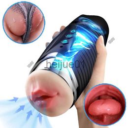 Masturbators 2 in 1 Male Masturbation Cup Dual Channel Vagina Vibrating Mouth Blowjob Vibration Smart Heating Pocket Pussy Men Masturbator x0926