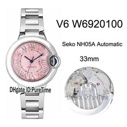 V6F W6920100 Seko NH05A Automatic Ladies Womens Watch Steel Case Pink MOP Dial Black Roman Markers Steel Bracelet Edition 33m259g