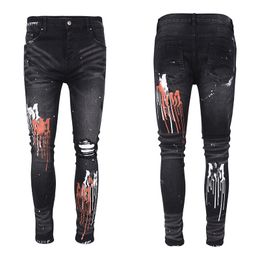 Men's jeans patch details Motorcycle fit men slim fit motorcycle for men vintage distressed splash-ink jeans ripped purple denim pants Size 30-40