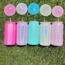 16oz Sublimation Glass Mugs Cup Glass Tumbler with Bling Lid Holographic Shimmer Glitter blank for DIY Printing Glass Tumblers301w