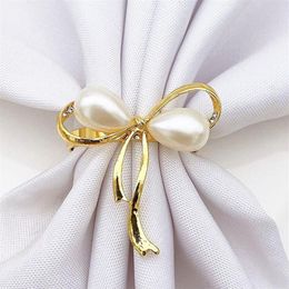 Napkin Rings 6Pcs Golden Cute Pearl Bow Shape Serviette Buckle For Wedding Party Table Decoration Kitchen Supplies186f