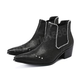 Elegant Rivet Solid Colour Evening Shoes Social Pointed Toe Plus Size Short Boots Italian Cow Leather Man Boots