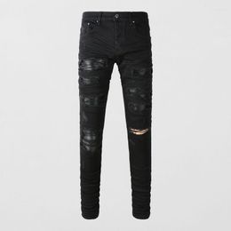 Men's Jeans High Street Fashion Men Black Stretch Skinny Fit Buttons Ripped Leather Patched Designer Hip Hop Brand Pants