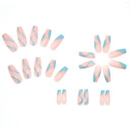 False Nails Clear Pink Blue Lines Printed Artificial Light And Easily Stick Fake Nail For Daily Parties Wearing