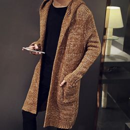 Men's Sweaters Men Cardigan Sweater Korean Fashion Slim Fit Long Coat With Hood Streetwear Brown Small Size 230927