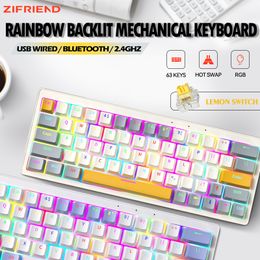 Keyboards ZIFRIEND Mini Ke mechanical keyboard Swap RGB 63 Keys Custom For Gamer Wired 2 4G Wireless Bluetooth iPad 60 65 230927