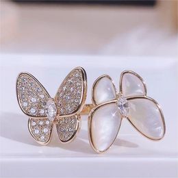 fashion love butterfly designer band rings for women mother of pearl shining bling diamond crystal cute charm elegant ring jewelry nice gift