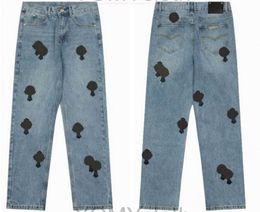 Chromes Nuovi jeans da uomo Designer Make Old Washed Pantaloni dritti Stampe con lettere a cuore Cuori stile lungo Jeans viola Felpa con cappuccio Chromees Hearts 660