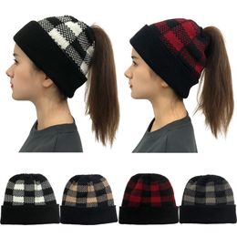 4 Colours Autumn/Winter Warm Curled-Edged Plaid Woollen Hat Christmas Ponytail Knitted Hat Women's Warm Casual Hat