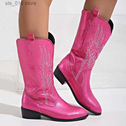 Boots Hot Pink Western Cowboy Boots Women Low Heels Embroidered Mid Calf Botas Mujer Plus Size Autumn Slip-On Pointed Toe Wide Boots T230927