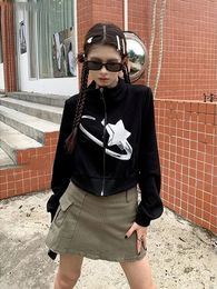 Womens Hoodies Sweatshirts Vintage Cropped Zipper Women Turtleneck Black Coats Star Print Sweatshirt Y2k Aesthetic Tops Harajuku Jackets 230927