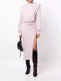 Casual Dresses 2 Colors Women Pleated Midi Dress Cotton Long Sleeve O-Neck Hem Split Lady High Waist Temperament Robe 2023 Autumn